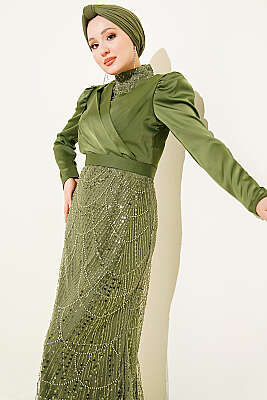 Kruvaze Yaka Pul Payet Abiye Elbise Haki - Elbise