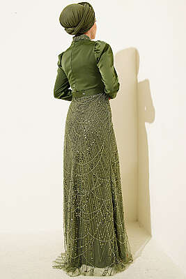 Kruvaze Yaka Pul Payet Abiye Elbise Haki - Elbise