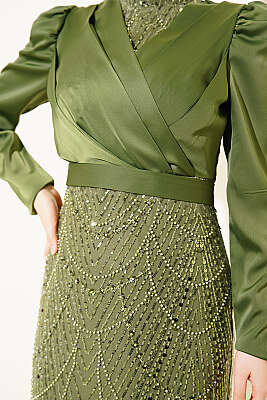 Kruvaze Yaka Pul Payet Abiye Elbise Haki - Elbise