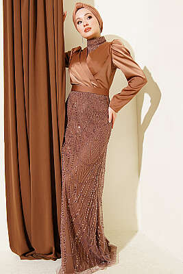 Kruvaze Yaka Pul Payet Abiye Elbise Kahve - CNR TEKSTİL