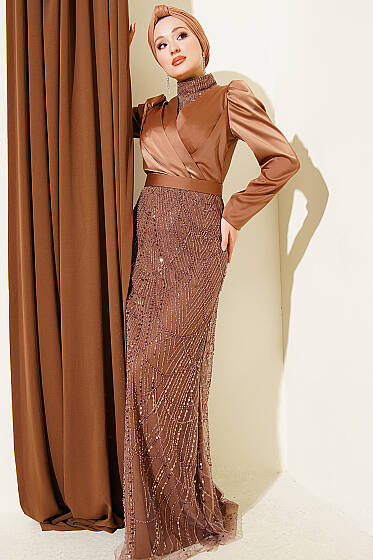 Kruvaze Yaka Pul Payet Abiye Elbise Kahve - Elbise