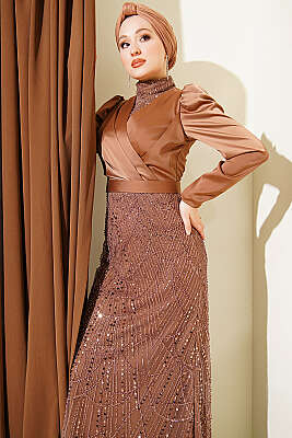 Kruvaze Yaka Pul Payet Abiye Elbise Kahve - Elbise