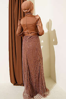 Kruvaze Yaka Pul Payet Abiye Elbise Kahve - Elbise