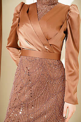 Kruvaze Yaka Pul Payet Abiye Elbise Kahve - Elbise