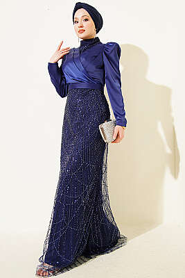 Kruvaze Yaka Pul Payet Abiye Elbise Lacivert - CNR TEKSTİL