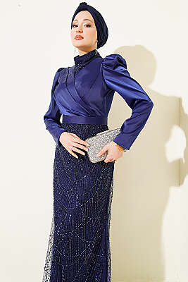 Kruvaze Yaka Pul Payet Abiye Elbise Lacivert - Elbise