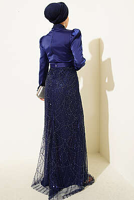 Kruvaze Yaka Pul Payet Abiye Elbise Lacivert - Elbise