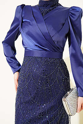 Kruvaze Yaka Pul Payet Abiye Elbise Lacivert - Elbise