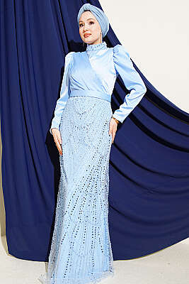 Kruvaze Yaka Pul Payet Abiye Elbise Mavi - CNR TEKSTİL