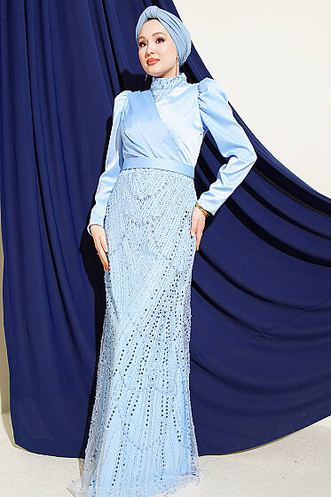 Kruvaze Yaka Pul Payet Abiye Elbise Mavi - Elbise