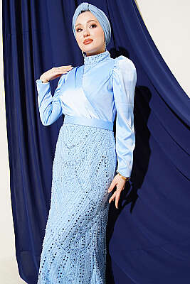 Kruvaze Yaka Pul Payet Abiye Elbise Mavi - Elbise