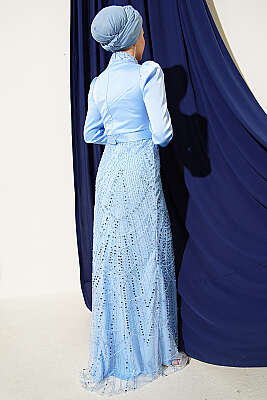 Kruvaze Yaka Pul Payet Abiye Elbise Mavi - Elbise