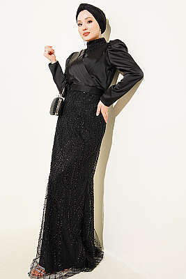 Kruvaze Yaka Pul Payet Abiye Elbise Siyah - CNR TEKSTİL