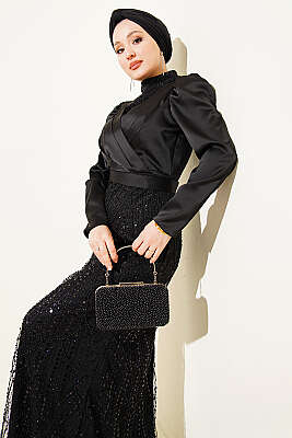 Kruvaze Yaka Pul Payet Abiye Elbise Siyah - Elbise