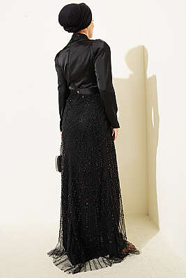 Kruvaze Yaka Pul Payet Abiye Elbise Siyah - Elbise