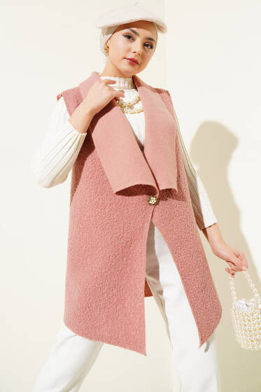 Kruvaze Yaka Salaş Buklet Yelek Gül Kurusu - Yelek