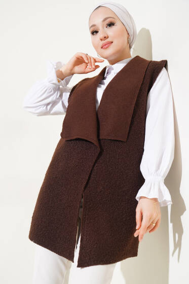 Kruvaze Yaka Salaş Buklet Yelek Kahve - Yelek
