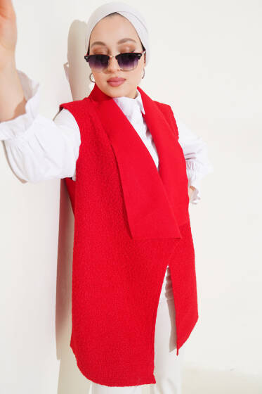 Kruvaze Yaka Salaş Buklet Yelek Kırmızı - Yelek