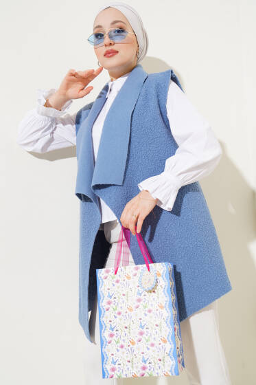 Kruvaze Yaka Salaş Buklet Yelek Mavi - Yelek