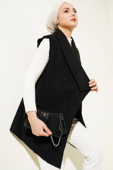 Kruvaze Yaka Salaş Buklet Yelek Siyah - Yelek