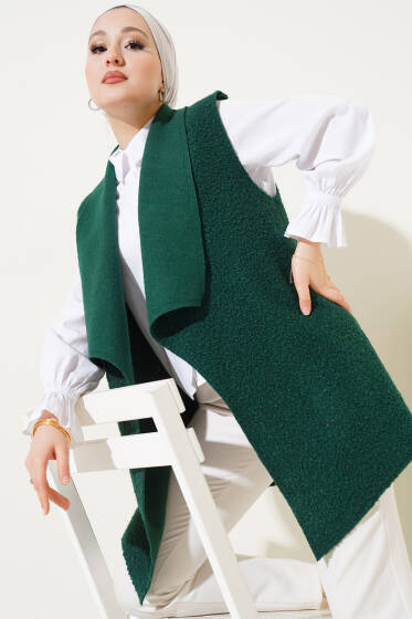 Kruvaze Yaka Salaş Buklet Yelek Yeşil - Yelek