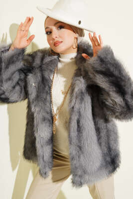 Kruvaze Yaka Salaş Cepli Kürk Mont Gri - NESSİA