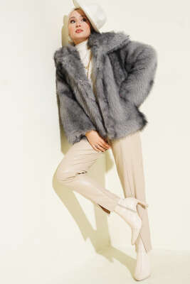 Kruvaze Yaka Salaş Cepli Kürk Mont Gri - Mont