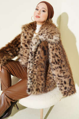 Kruvaze Yaka Salaş Cepli Kürk Mont Leopar - NESSİA