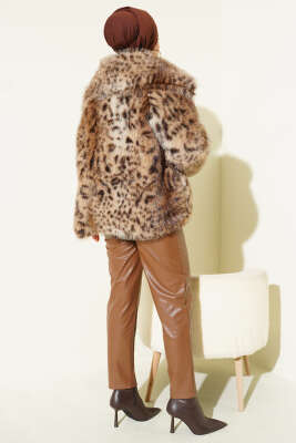 Kruvaze Yaka Salaş Cepli Kürk Mont Leopar - Mont