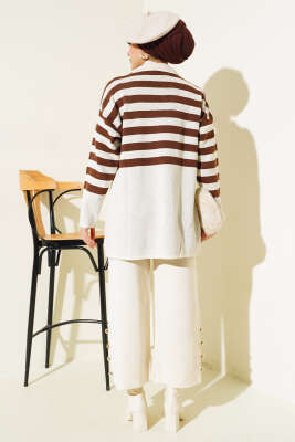 Kruvaze Yaka Salaş Triko İkili Takım Bej Kahve - Triko İkili Takım