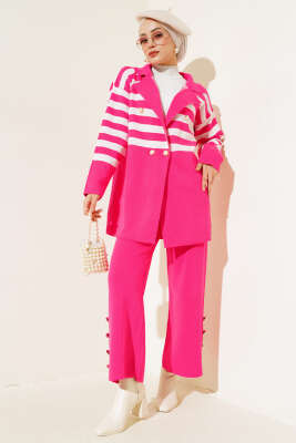 Kruvaze Yaka Salaş Triko İkili Takım Fuşya Kemik - Triko İkili Takım