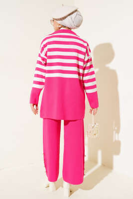 Kruvaze Yaka Salaş Triko İkili Takım Fuşya Kemik - Triko İkili Takım