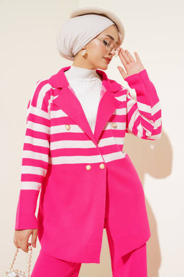 Kruvaze Yaka Salaş Triko İkili Takım Fuşya Kemik - Triko