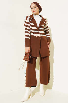 Kruvaze Yaka Salaş Triko İkili Takım Kahve Bej - PUDRA OFFICIAL