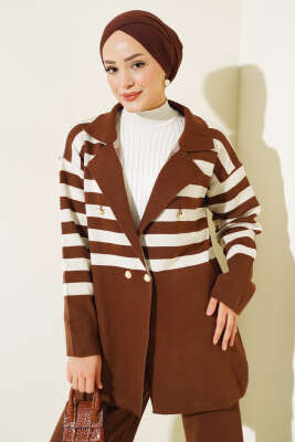 Kruvaze Yaka Salaş Triko İkili Takım Kahve Bej - Triko İkili Takım