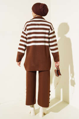 Kruvaze Yaka Salaş Triko İkili Takım Kahve Bej - Triko İkili Takım