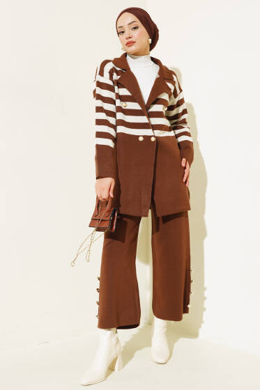 Kruvaze Yaka Salaş Triko İkili Takım Kahve Bej - Triko