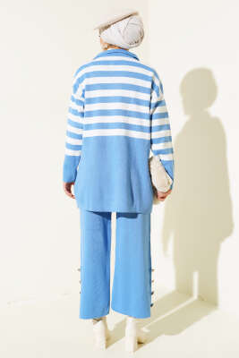 Kruvaze Yaka Salaş Triko İkili Takım Mavi Kemik - Triko İkili Takım