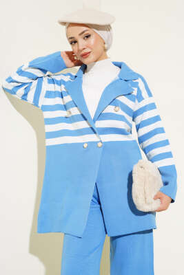 Kruvaze Yaka Salaş Triko İkili Takım Mavi Kemik - Triko İkili Takım