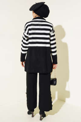 Kruvaze Yaka Salaş Triko İkili Takım Siyah Kemik - Triko İkili Takım