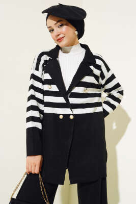 Kruvaze Yaka Salaş Triko İkili Takım Siyah Kemik - Triko İkili Takım