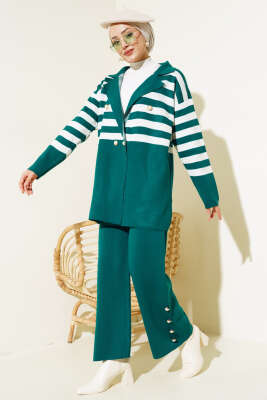 Kruvaze Yaka Salaş Triko İkili Takım Zümrüt Kemik - Triko İkili Takım