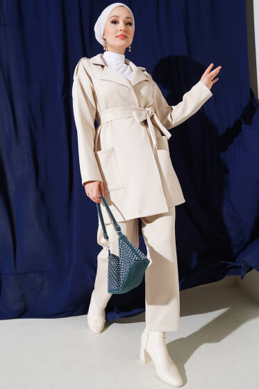 Kruvaze Yaka Scuba İkili Takım Bej - İkili Takım