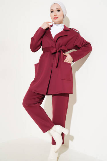 Kruvaze Yaka Scuba İkili Takım Bordo - İkili Takım