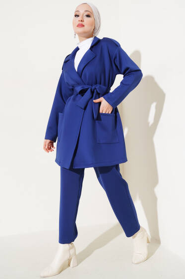 Kruvaze Yaka Scuba İkili Takım Saks - İkili Takım