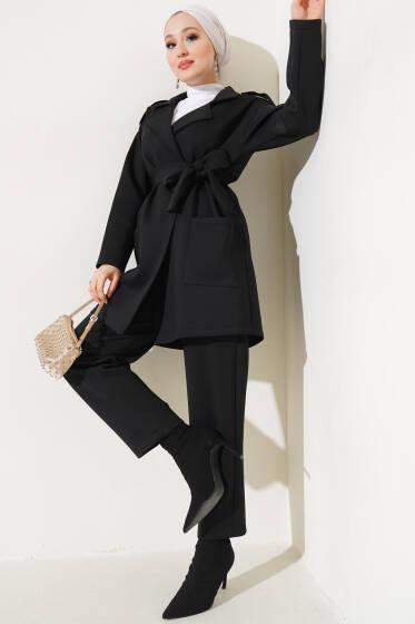 Kruvaze Yaka Scuba İkili Takım Siyah - İkili Takım