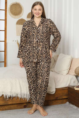 Kruvaze Yaka Süet Desenli Büyük Beden Pijama Takımı Leoapar - Pijama