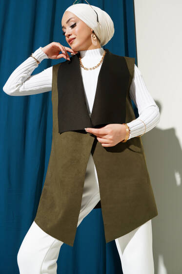 Kruvaze Yaka Süet Yelek Haki - Yelek