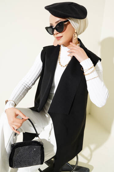 Kruvaze Yaka Süet Yelek Siyah - Yelek