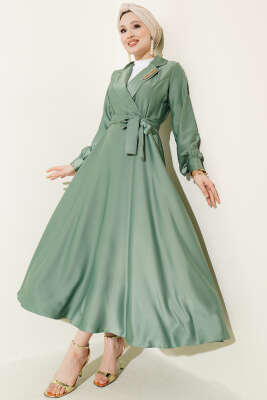 Kruvaze Yaka Taşlı Saten Abiye Elbise Çağla Yeşili - BERAT TEKSTİL